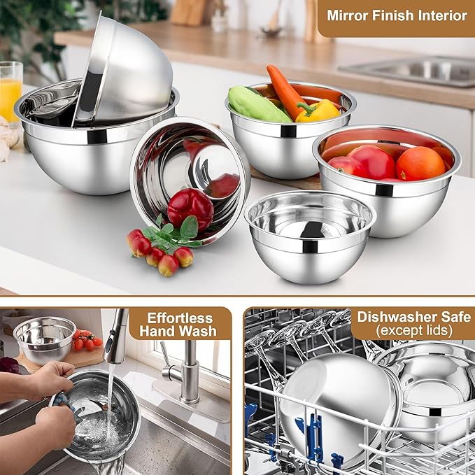 LIANYU 6 Piece Mixing Bowls with Lids Set, Size 7 & 3.5 & 2.5 & 2 & 1.5 & 1QT, Stainless Steel Cooking Serving Bowls, Metal Kitchen Nesting Bowl for Prepping & Food Storage, Dishwasher Safe, Khaki