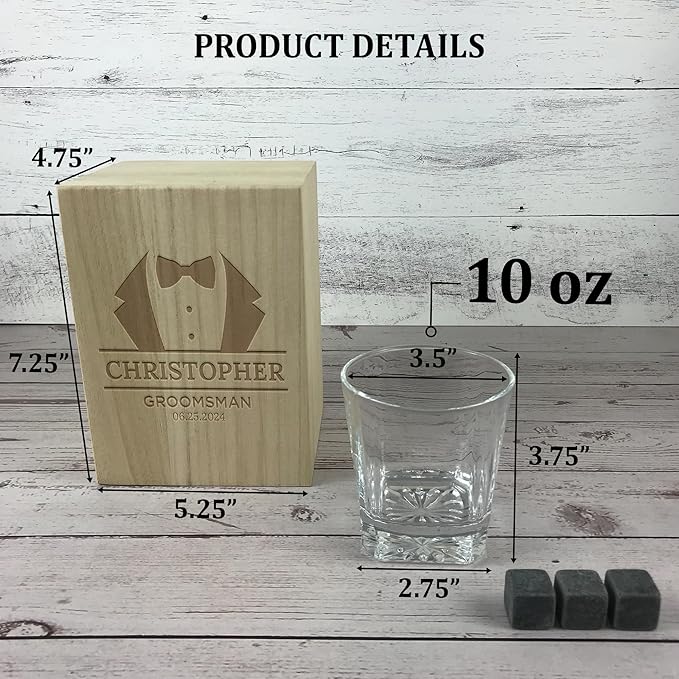 Personalized Groomsmen Whiskey Glass Gift Set - 4 Designs Custom Groomsman Gift - Personalized Wedding Bourbon Cup - 11 oz Engraved Groomsmen Scotch Glass in Wooden Box - Whiskey Gifts For Men