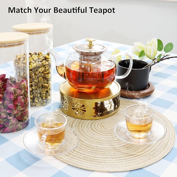 Tea Warmer Chrysanthemum Silhouette, JUKFITA Gold Brushed Stainless Steel Teapot Warmer, Includes 1 Tealight Holder