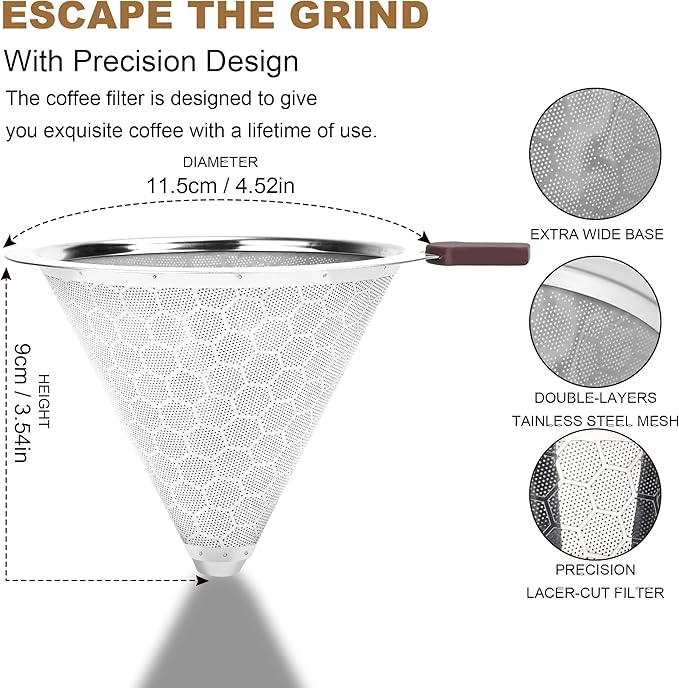 Stainless Steel Pour Over Coffee Filter for Chemex & Hario V60 - Reusable Coffee Filter Cone Dripper, Dual Mesh Fine Stainless Steel Coffee Filter Compatible with Chemex Coffee Maker & Other Brewers