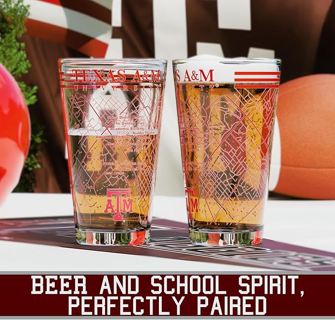 Greenline Goods – University of Texas A&M Aggies College Pint Beer Glasses (Set of 2), 16 oz – Full-Color Logo + Campus Map