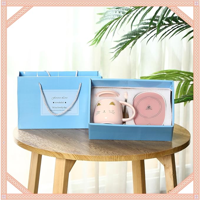 Cat Coffee Cup Warmer Coffee Warmer with Mug for Women Electric Coffee Mug Heater Temperature Control Ceramic Cute Cat Smart Coffee Warmer for Office Christmas Birthday Gift (Pink)