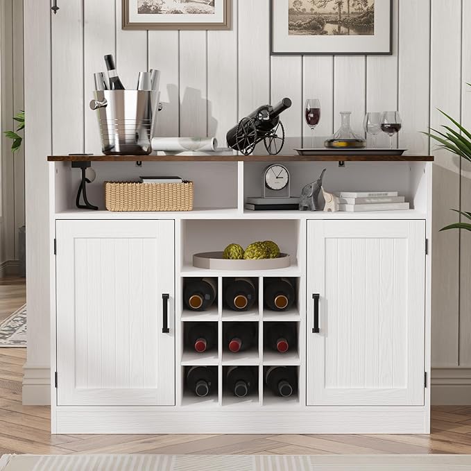 MHOM Farmhouse Buffet Cabinet with Prower Outlets, Rustic Sideboard Buffet with Wine Rack, Wooden Buffet Table for Dining Room, Antique White