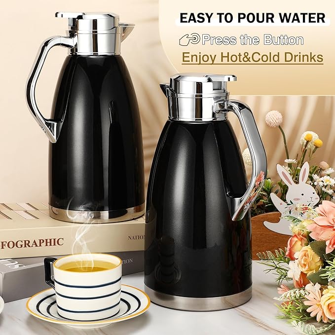 Tioncy 2 Pcs Thermal Coffee 78oz Insulated Carafe Hot Water Dispenser Stainless Steel Carafe for Hot Liquid Coffee Tea Milk with 2 Brushes Keep 12 Hours Hot 24 Hours Cold(Black)