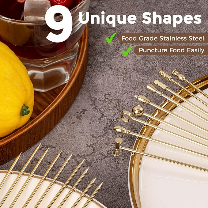 Metal Cocktail Martini Picks Gold, 4.1 in Olive Skewers Stainless Steel, Martini Garnish Sticks Reusable, Metal Toothpicks for Drinks, Appetizers, Cheese, Bar Accessories Supplies Gift - 9 Pcs