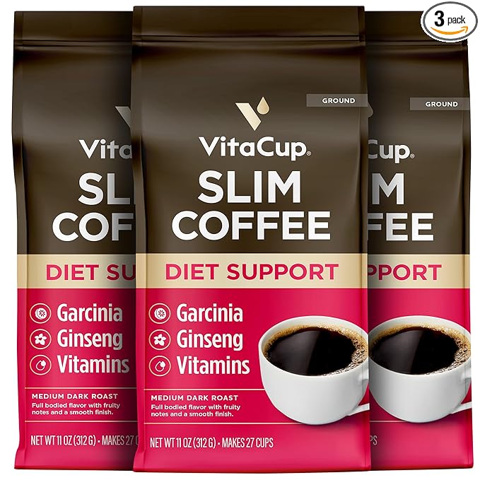 VitaCup Slim Ground Coffee, Diet Support with Ginsen, B Vitamins, Medium Dark Roast, Bold and Smooth,100% Arabica Specialty Coffee Grounds, 3 bags, 11oz each