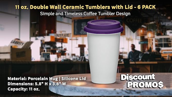 DISCOUNT PROMOS 11 oz. Double Wall Ceramic Tumblers with Lid - 6 Pack - Purple