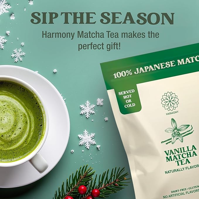 The Harmony Matcha Vanilla (7.05oz Bag - 20 Servings) Premium Sweetened Japanese Matcha Powder, Rich in Antioxidants & L-Theanine, Dairy, Gluten, & Preservative Free, Serve Hot or Iced