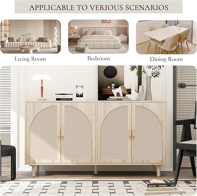 Beige Sideboard Buffet Cabinet, 4-Door Rattan Storage Cabinet, Coffee Bar with Adjustable Shelf, Accent Furniture for Living Room, Entryway, Home Office, Oak