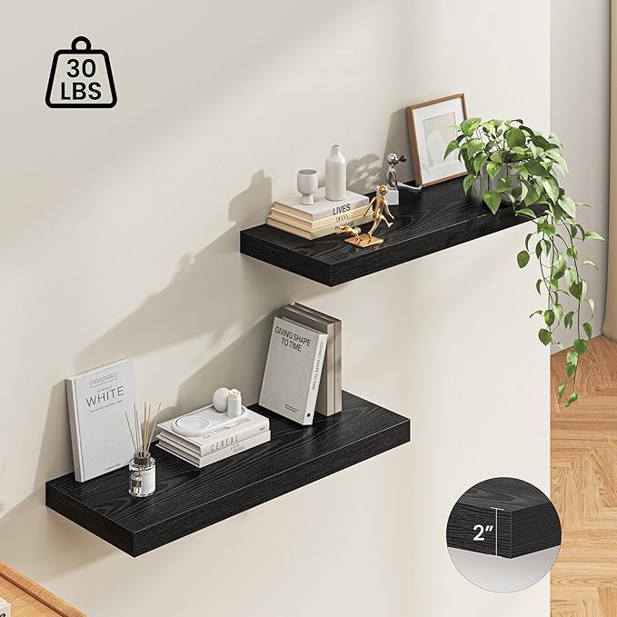 Dreamland 36" Floating Shelves for Wall, 12" Deep Thicker Black Floating Shelves, Wall-Mounted Shelves for Bedroom, Living Room, Kitchen, Bathroom - Set of 2
