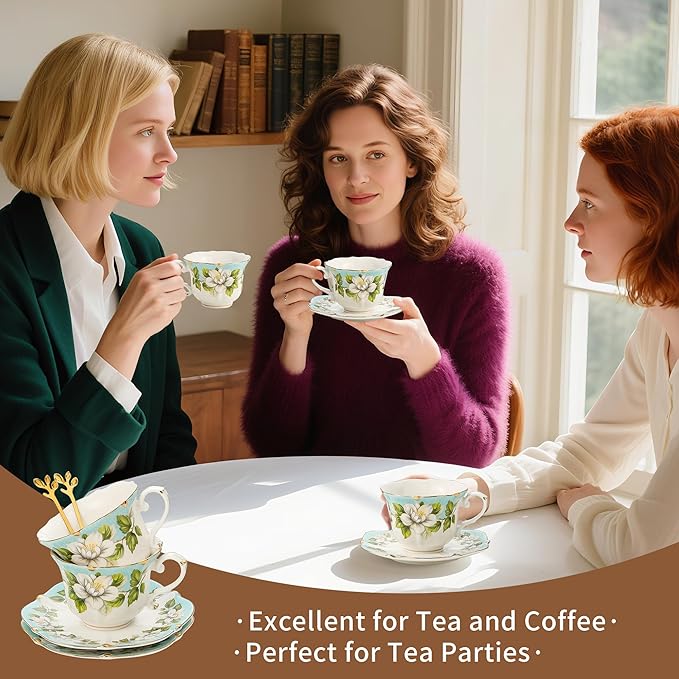 TATSUMI Country Roses 18 Peices Bone China Tea Cup And Saucer Set, English Vintage Tea Cups Of 6 For Women And Tea Party Sets(Light Green, 6 sets)