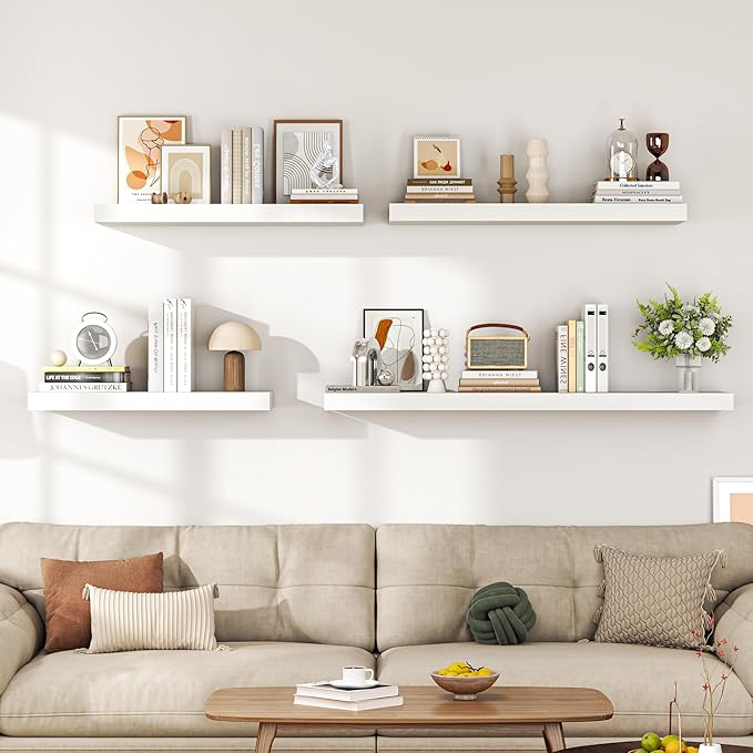 Dreamland 55" Floating Shelves for Wall, 12" Deep Thicker White Floating Shelves, Wall-Mounted Shelves for Bedroom, Living Room, Kitchen, Bathroom - Set of 1