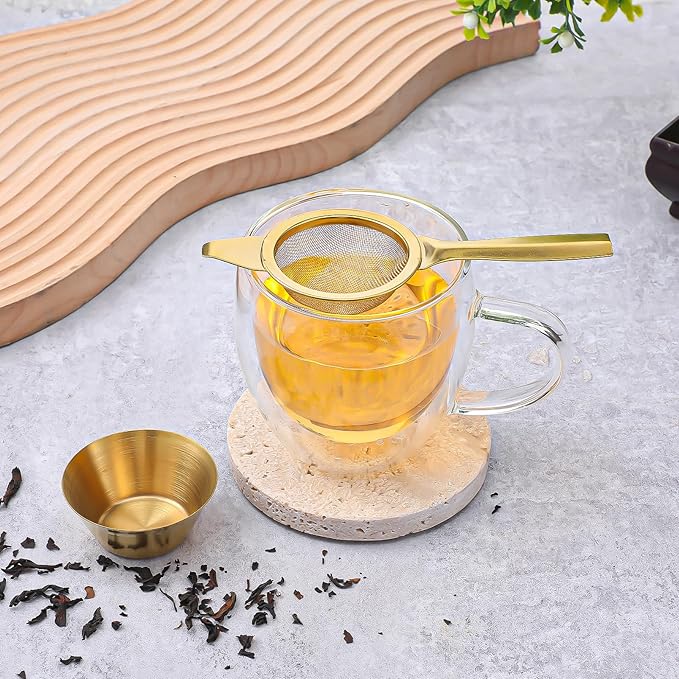 TIESOME 2.2"Gold Matcha Sifter Strainer, 30 Fine Mesh Mini Strainer for Tea with Handle and Base Stainless Steel Small Tea Strainer for Loose Coffee Cocktail with Base (Gold)