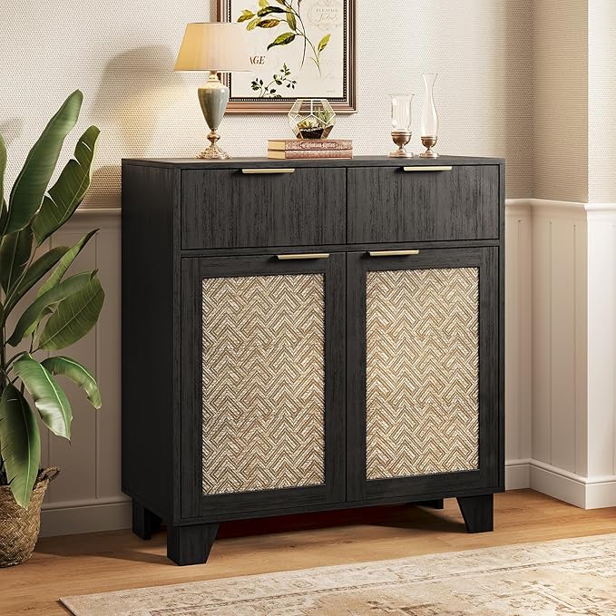 ONBRILL Sideboard Buffet Cabinet with 2 Drawers, Coffee Bar Cabinets with 2 Doors, Boho Farmhouse Accent Credenza Buffet Table Console Cabinet with Adjustable Shelves for Living Room, Entryway, Black