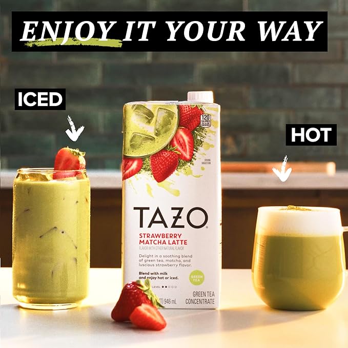 TAZO Tea Concentrate, Chocolate Chai Latte, Strawberry Matcha Latte, Iced Peach Mango 32 Fl Oz (2ea) (Variety Pack)