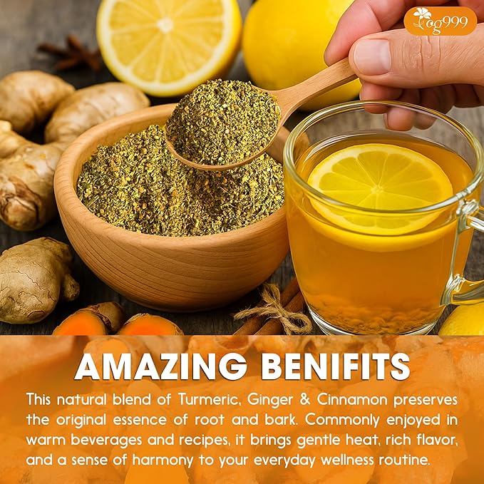 TOG999, Premium 20oz Ginger Turmeric Cinnamon Loose Leaf Herbal Tea - Premium Quality Spiced Herbal Blend – Caffeine-Free, Non-GMO, Natural Dried Roots and Bark. Vegan-Friendly.