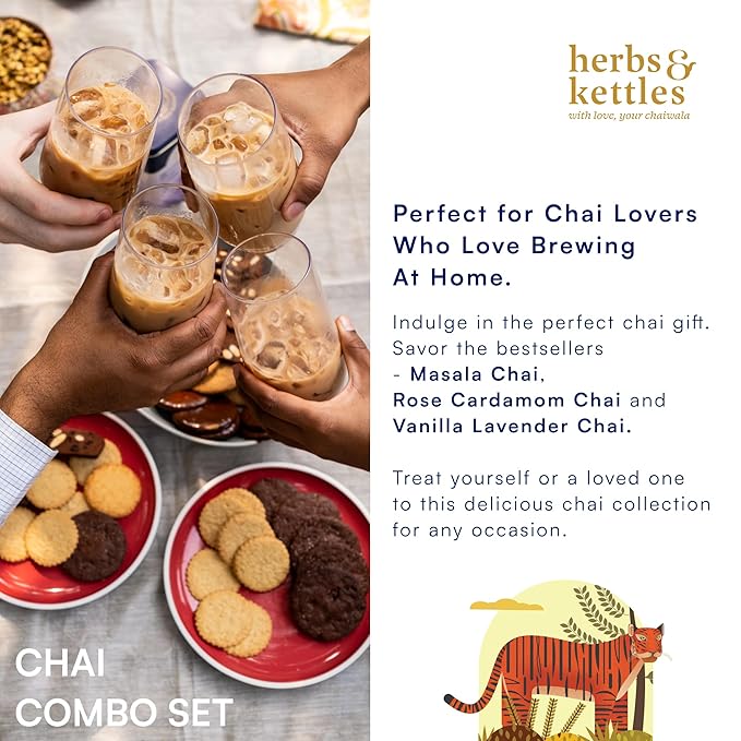 Herbs & Kettles Chai Combo Set | Masala Chai, Rose Cardamom Chai & Vanilla Lavender | Gourmet Loose Leaf Tea for Tea Lovers | Premium Indian Tea Collection for Birthdays, Holidays & Special Occasions