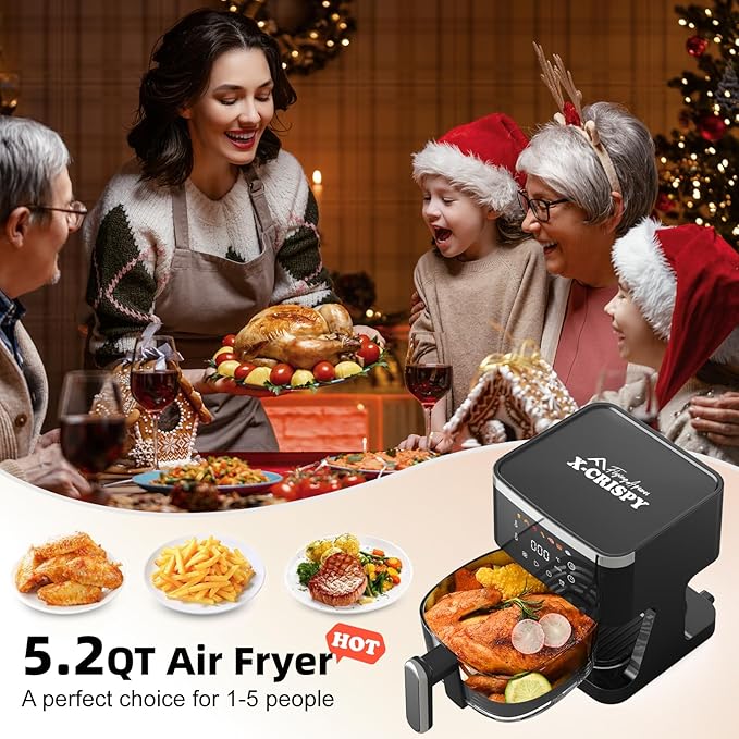 APSARAS USA Glass Air Fryer Non Toxic,5.2QT Convection Oven Air Fryer Glass, Healthy Kitchen Bake,Grill,Steam Broil, & Roast -Includes Bowl,Broil Rack,Toasting Rack & More 97% Less Oil (Black)