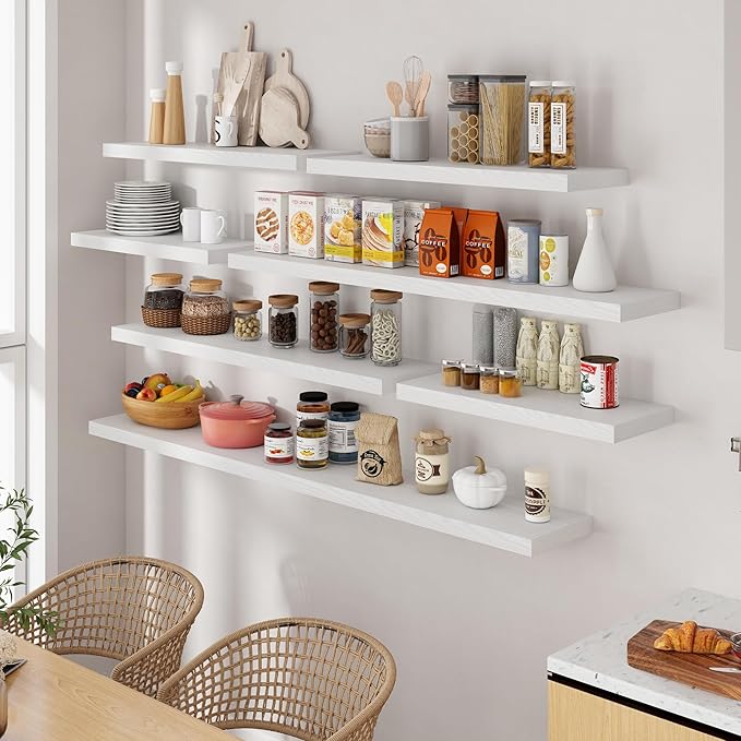 Fun Memories 55 Inch Floating Shelves for Wall Set of 2, 55x9.3 Large Floating Shelf for Bedroom, Kitchen, Bathroom, Wall Mounted Rustic Wood Shelves with Invisible Bracket for Books, Decor, White