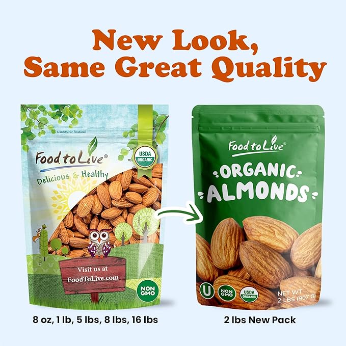Food to Live Organic California Almonds, 16 Pounds – Non-GMO, Whole, Unsalted, Unroasted, Keto, Vegan Nuts in Bulk. Rich in Vitamin E. Snack. Great for Almond Milk and Butter, Desserts and Trail Mixes