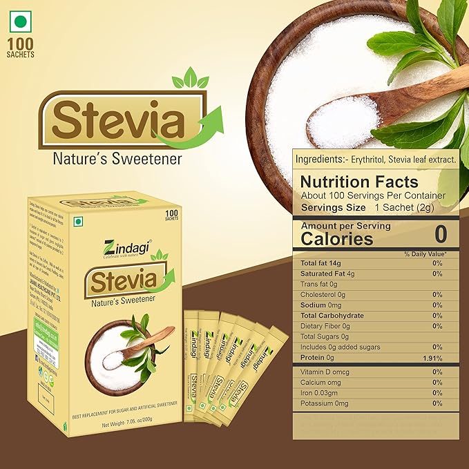 Zindagi Stevia Packets | Natural Sugar Substitute & Zero Calorie Sweetener | Stevia Sugar Free Sticks | 100 Count, 2g each (7.05 oz)