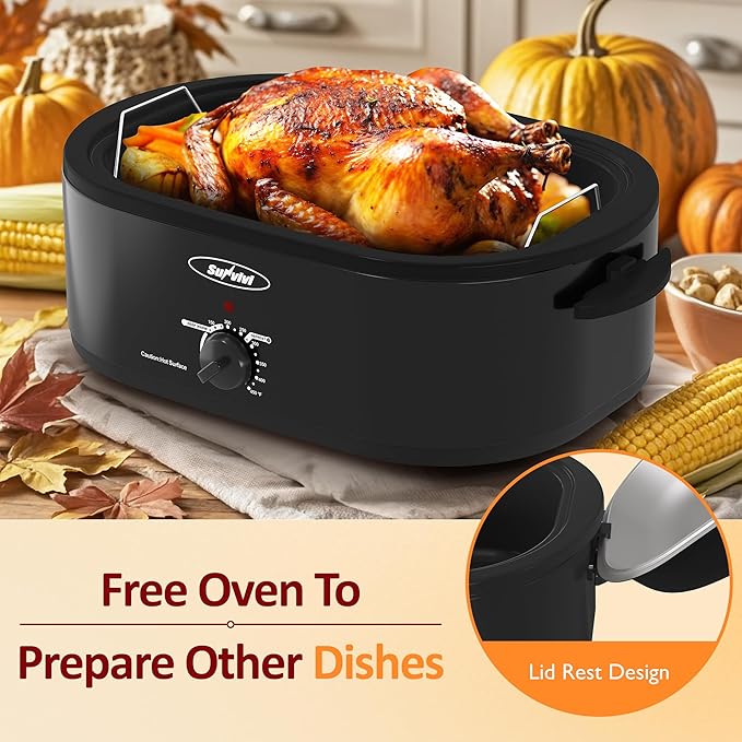 Sunvivi Electric Roaster,18 Quart Roasting Oven with Self-Basting Lid Removable Pan,Turkey Roaster Oven with 150 to 450F Temperature Control Cool-Touch Handles,Black
