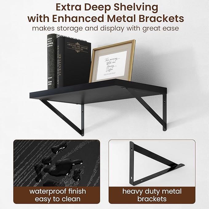 Axeman Deep Floating Shelves - 20 Inch Black Floating Shelves Set of 2-12 Inch Deep Wood Wall Shelves for Living Room Bathroom Kitchen