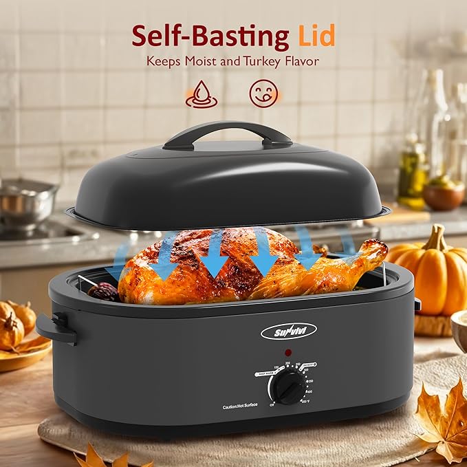 Sunvivi Electric Roaster,18 Quart Roasting Oven with Self-Basting Lid Removable Pan,Turkey Roaster Oven with 150 to 450F Temperature Control Cool-Touch Handles,Grey