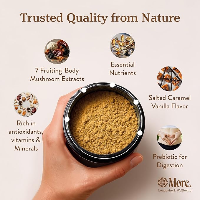 More. Longevity & Wellbeing Premium Mushroom Coffee Superfood – 7 Functional Mushrooms with Lions Mane Supplement, Reishi, Chaga & Ashwagandha Extract, Instant Coffee Alternative with Prebiotics and Essential Vitamins for Focus & Energy, Salted Caramel