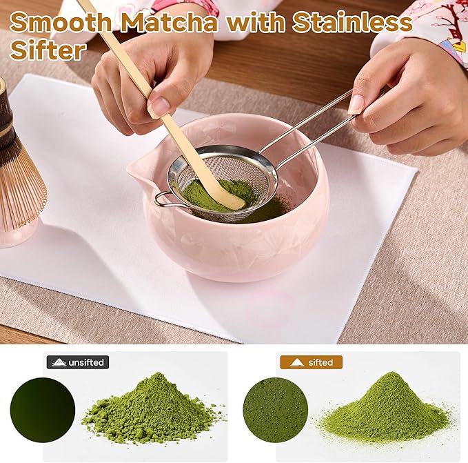 Matcha Whisk Set – Crystalline Glaze Bowl, Bamboo Whisk & Holder, Scoop & Sifter with Holder, Cup with Lid & Straw, Ice Cube Tray & Tea Towel – Pink Matcha Gift Set for Women, Christmas Gifts