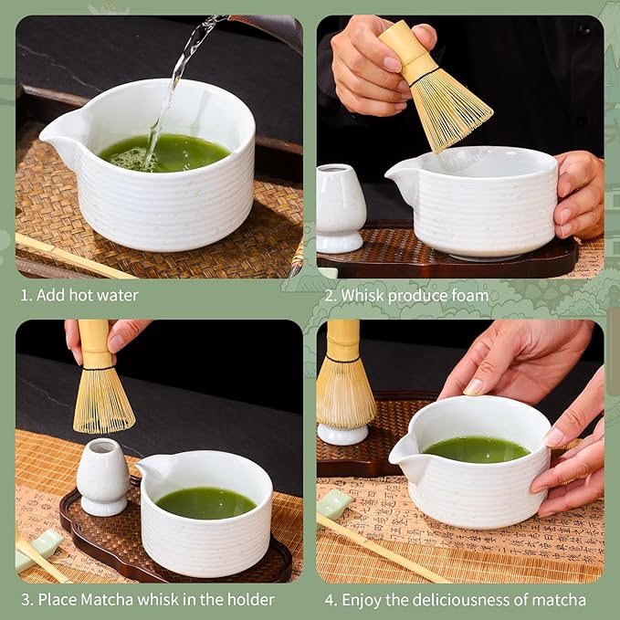 Matcha Whisk Set, Matcha Whisk and Holder, Stainless Sifter & Bamboo Scoop, Towel, 7 PCS Matcha Starter Kit for Matcha Lovers, White