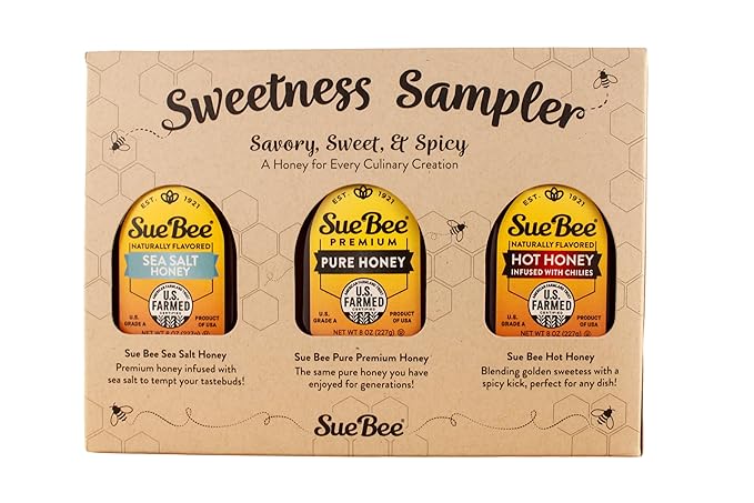 Sue Bee® Sweetness Sampler – 3 Pack Honey Gift Set | Original, Hot & Sea Salt | Pure U.S. Farmed™ Certified | Gourmet Gift Set for Foodies, Cooking, Tea, Charcuterie & Holiday Gifting 8 Oz (Pack of 3)