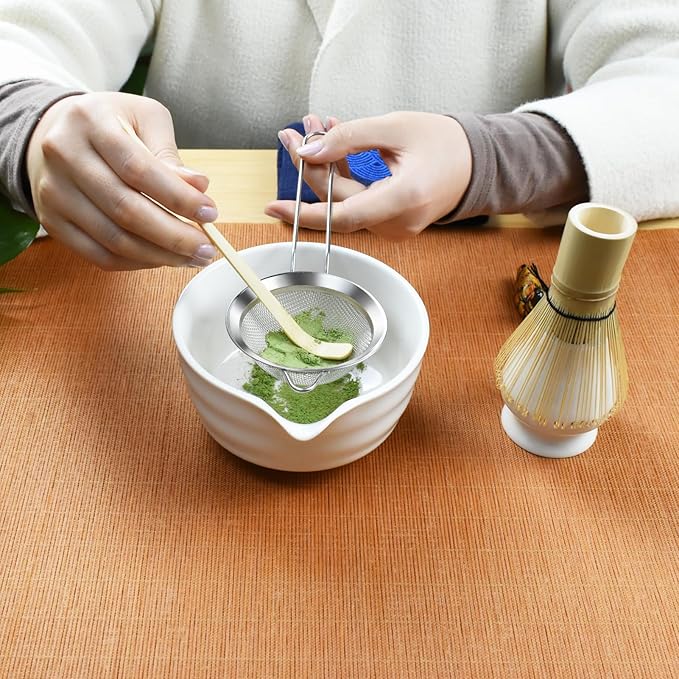 Artcome 7-Piece Matcha Tea Set - Complete Japanese Ceremony Kit with Bowl, Whisk, Scoop, Strainer & Guide, White