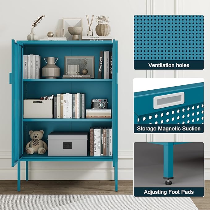 Metal Storage Cabinet,Kitchen Pantry Storage Cabinets with Doors,Buffet Cabinet with 2 Adjustable Shelves,Blue Pantry Cabinets,Steel Sideboard for Home,Shoes,Office,Dining Room