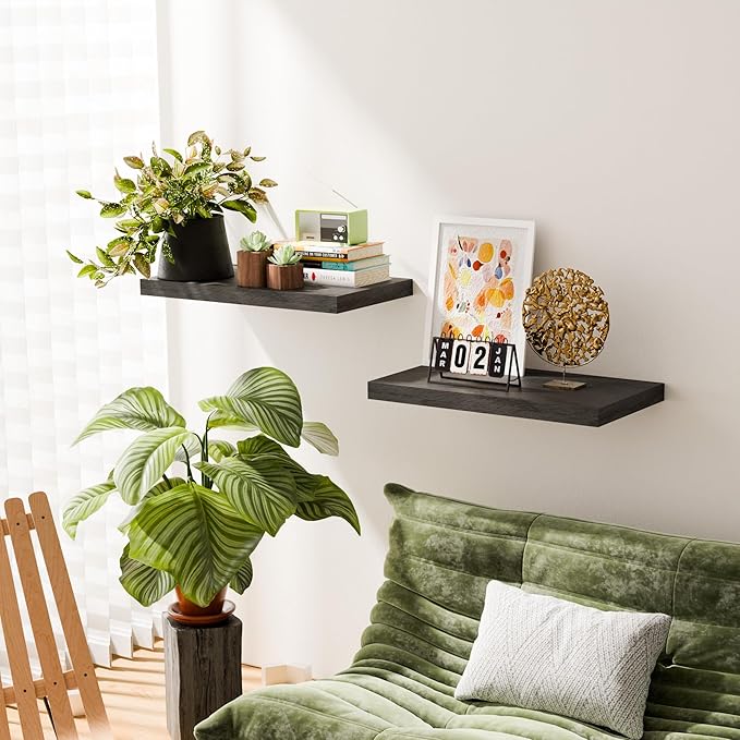Black 24 Inch Rustic Floating Shelves Set of 2, Wooden Deep Floating Shelves for Wall, Bathroom Over Toilet, Live Edge Display Shelf with Invisible Brackets for Home Decor