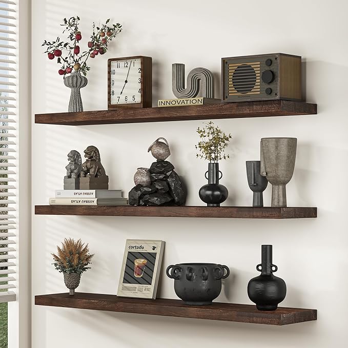 Fun Memories 48" Floating Shelves for Wall, Rustic Solid Elm Wood Floating Shelves - Invisible Bracket Mount, Extra Long Wall Mounted Shelf for Living Room, Bathroom, Bedroom, Kitchen, Walnut