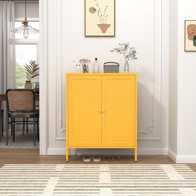 Metal Storage Locker with Djustable Shelves 36" H Lockable Modern Lockers Home Organization Cabinet 2-Door Durable Metal Cabinet for Bedroom Entrance Yellow Size：36" H X 31.5" W X 13.8" D