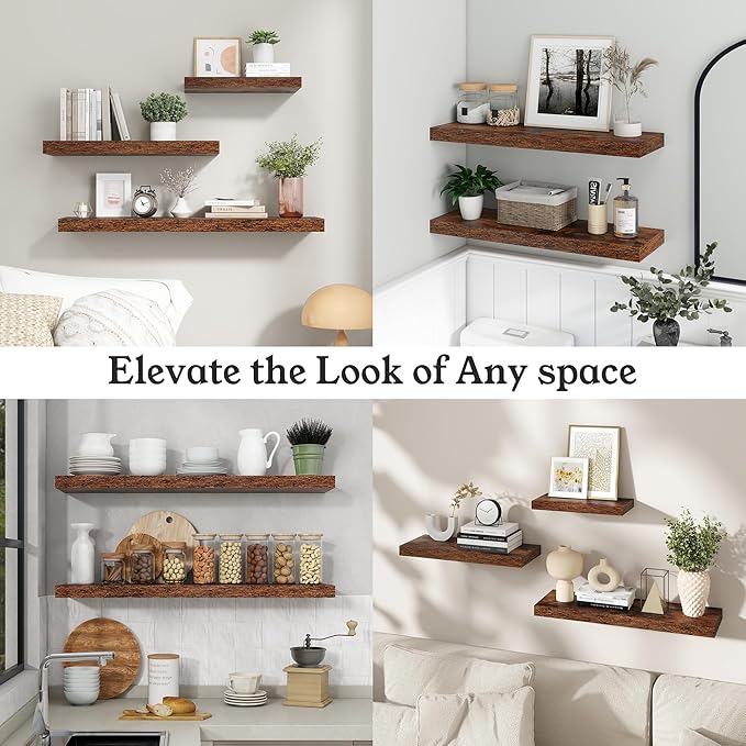Floating Shelves for Wall, 9.3" Deep Wall Mounted Wood Shelves for Bathroom, Bedroom, Living Room, Kitchen, Hanging Shelf for Books/Storage/Room Decor (Brown, 55")