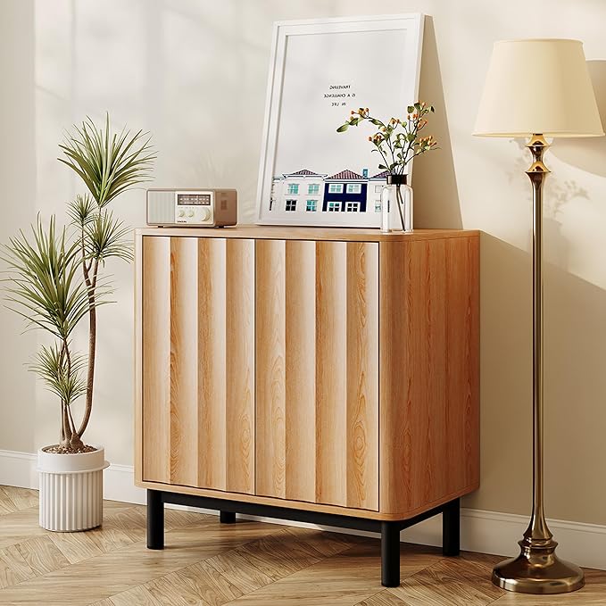 Wave Fluted Buffet Cabinet,30'' Tall Sideboard Storage with 2 Doors & Adjustable Shelves for Dinning Room, Kitchen, Living Room,Coffee Bar (29''W-Wood)