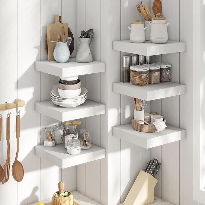 12 Inch Square Floating Shelves for Wall 2 Pack, 12"D Wood Grain Bathroom Shelves with Invisible Brackets, Easy Install Engineered Wood Storage Shelves for Kitchen, Living Room, Bedroom, White Finish