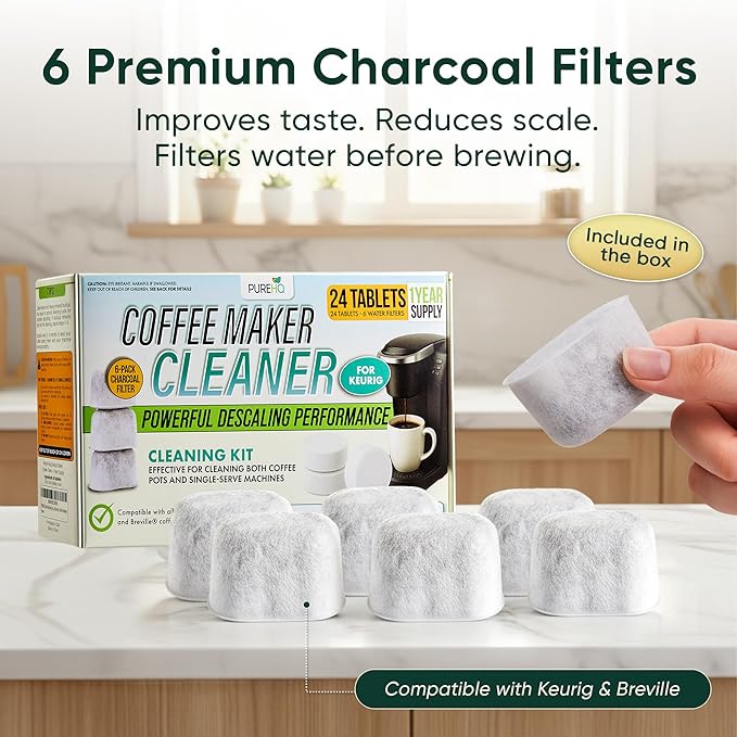 PUREHQ Coffee Machine Descaler Tablets – 24 Count Cleaning Tabs with 6 Keurig Water Filter Cartridges – Compatible with Keurig and Breville Coffee Makers