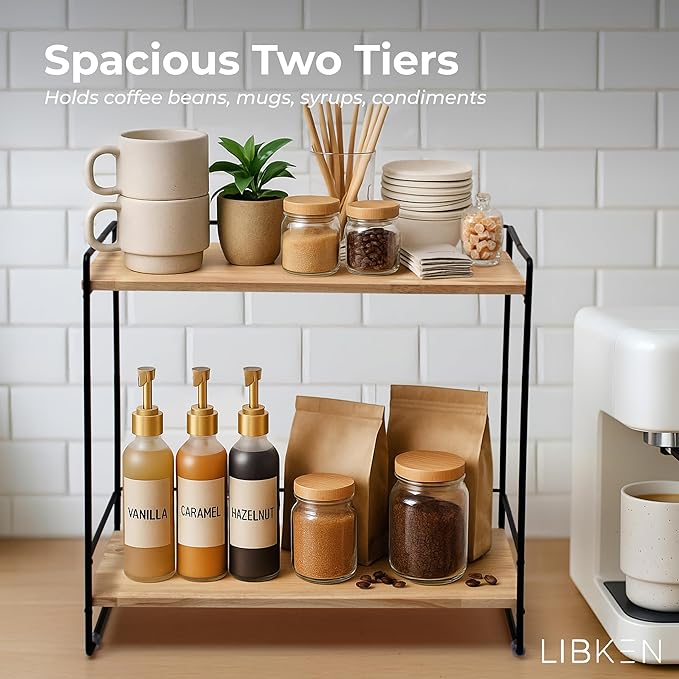 Wooden Coffee Bar Rack – 2-Tier Countertop Organizer with Detachable Back Rails – Minimal Scandinavian Design Storage Shelf for Kitchen, Office, Coffee Station, Bar & Bathroom