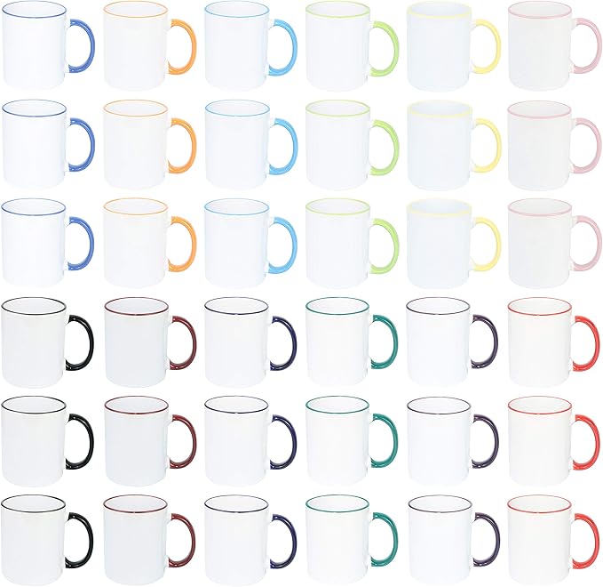 11oz White Ceramic Sublimation Coffee Mug Mixed 12 Colors Rim & Handle, Case of 36