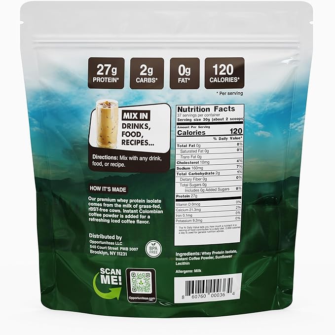 Opportuniteas Grass Fed Coffee Whey Isolate Protein Powder – 27 g Protein per Serving, Heavy-Metal Tested, Made with Real Colombian Coffee, Non-GMO, Hormone-Free, Sourced from Ireland, 2.5 lb