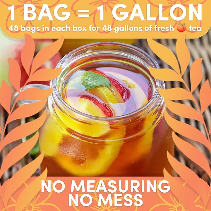 Sarasota Tea, Peach Flavored Iced Tea Bags One Gallon Size Filter Packs, 48 Gallons Per Box, Quick Brew Southern Ice Tea with Sweet Georgia Peach Flavor (1 oz, 48 Count)