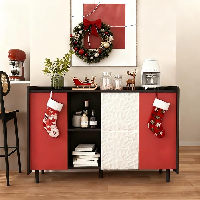 47" Buffet Cabinet with Storage, Modern Coffee Bar, Kitchen Cabinet with 2 Push-to-Open Drawers and 2 Red Doors for Dining Room, Living Room