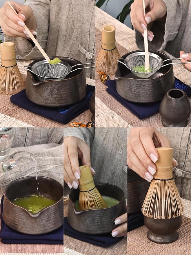 Artcome Matcha Tool Set - Complete Kit with Matcha Bowl with Spout, Bamboo Whisk, Tea Scoop, Whisk Holder, Scoop Holder, Tea Cloth & Powder Strainer, Antique Finish