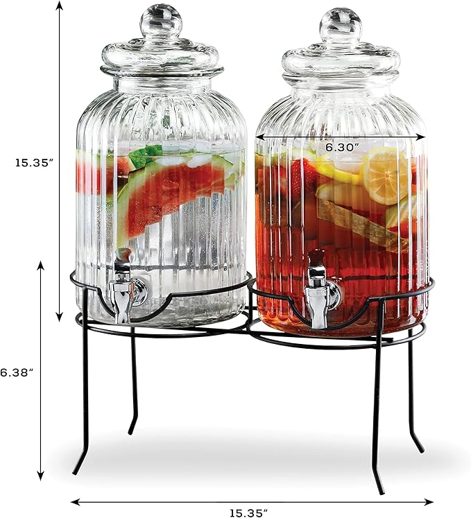 Style Setter Canyon Glass Beverage Dispenser with Stand Set of 2-1.3 Gallon Drink Dispenser with Stand & Spigot - Leak-Proof Lemonade Dispenser - Punch Dispenser for Parties, Weddings, Birthdays