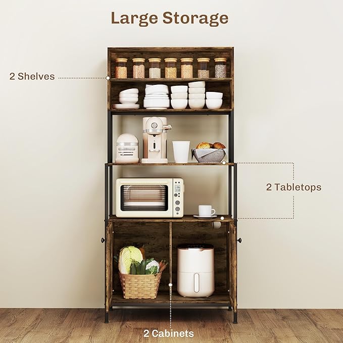 HOMCOM Kitchen Bakers Rack with Power Outlet, Coffee Bar Cabinet with Storage Shelves, Microwave Stand with Louvred Door Cabinets, Rustic Brown