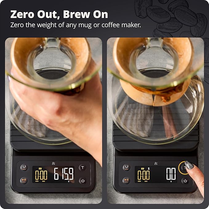 Greater Goods Digital Coffee Scale with Timer – Accurate 0.1g Precision, Multi-Color Display, Waterproof & Heat-Resistant Cover, for Pour-Over, Espresso, French Press, and Kitchen Use (Onyx Black)